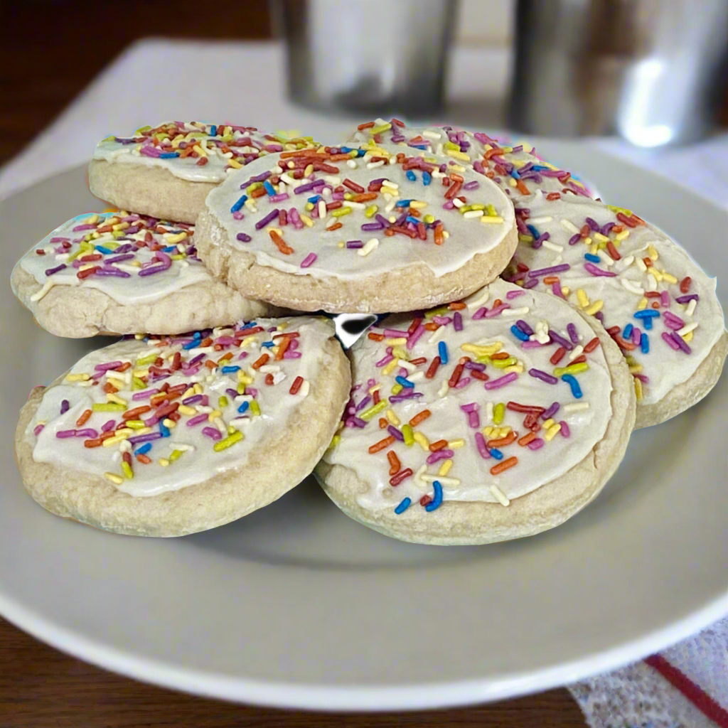 Frosted Party Cookies - Gluten-Free & Vegan Sugar Cookies with Frosting and Dye-Free Sprinkles
