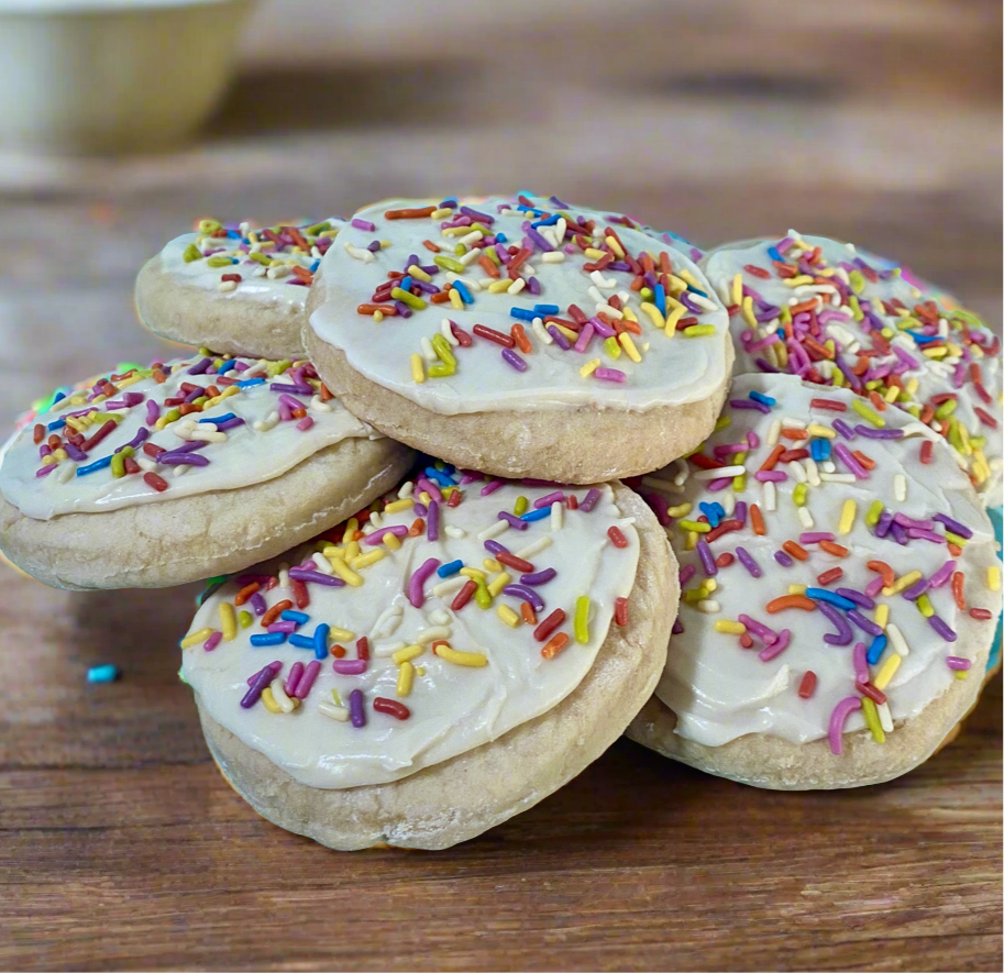 Frosted Party Cookies - Gluten-Free & Vegan Sugar Cookies with Frosting and Dye-Free Sprinkles