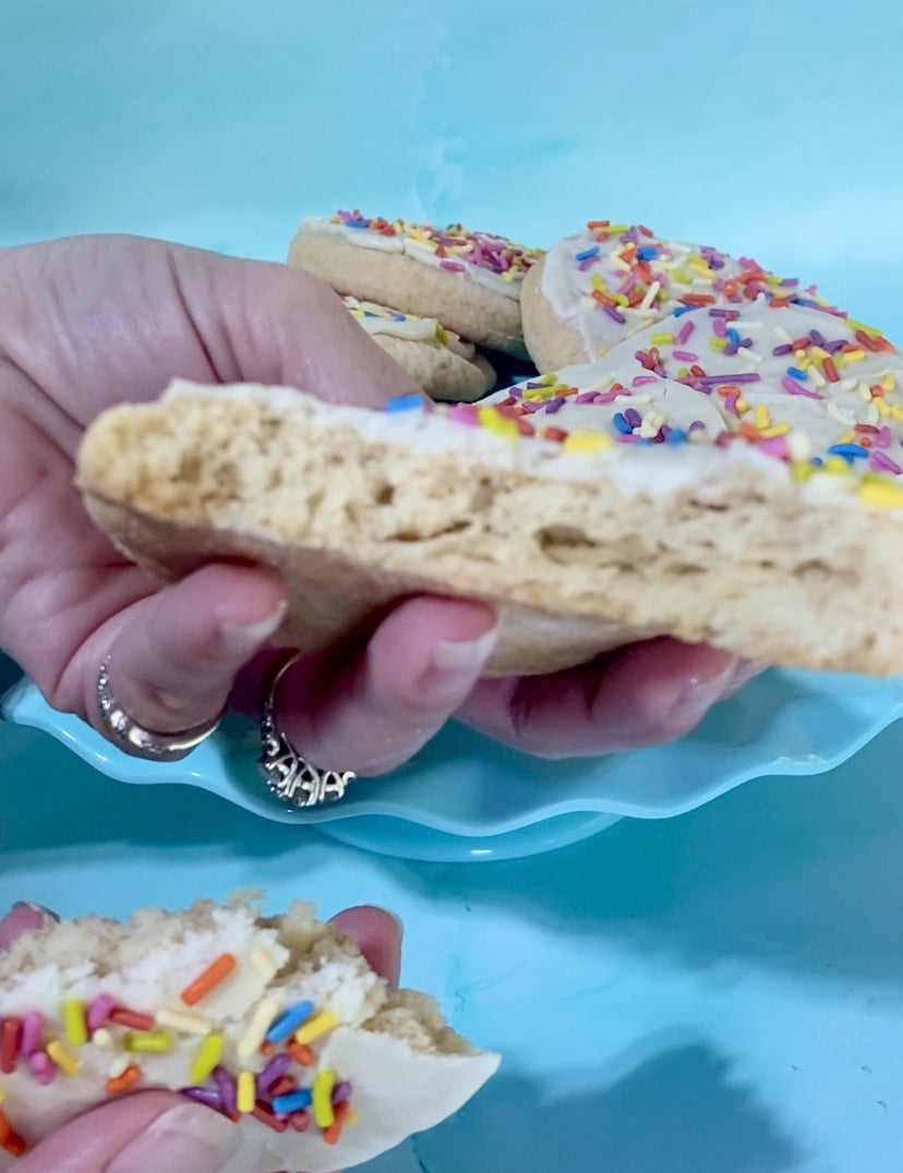 Frosted Party Cookies - Gluten-Free & Vegan Sugar Cookies with Frosting and Dye-Free Sprinkles