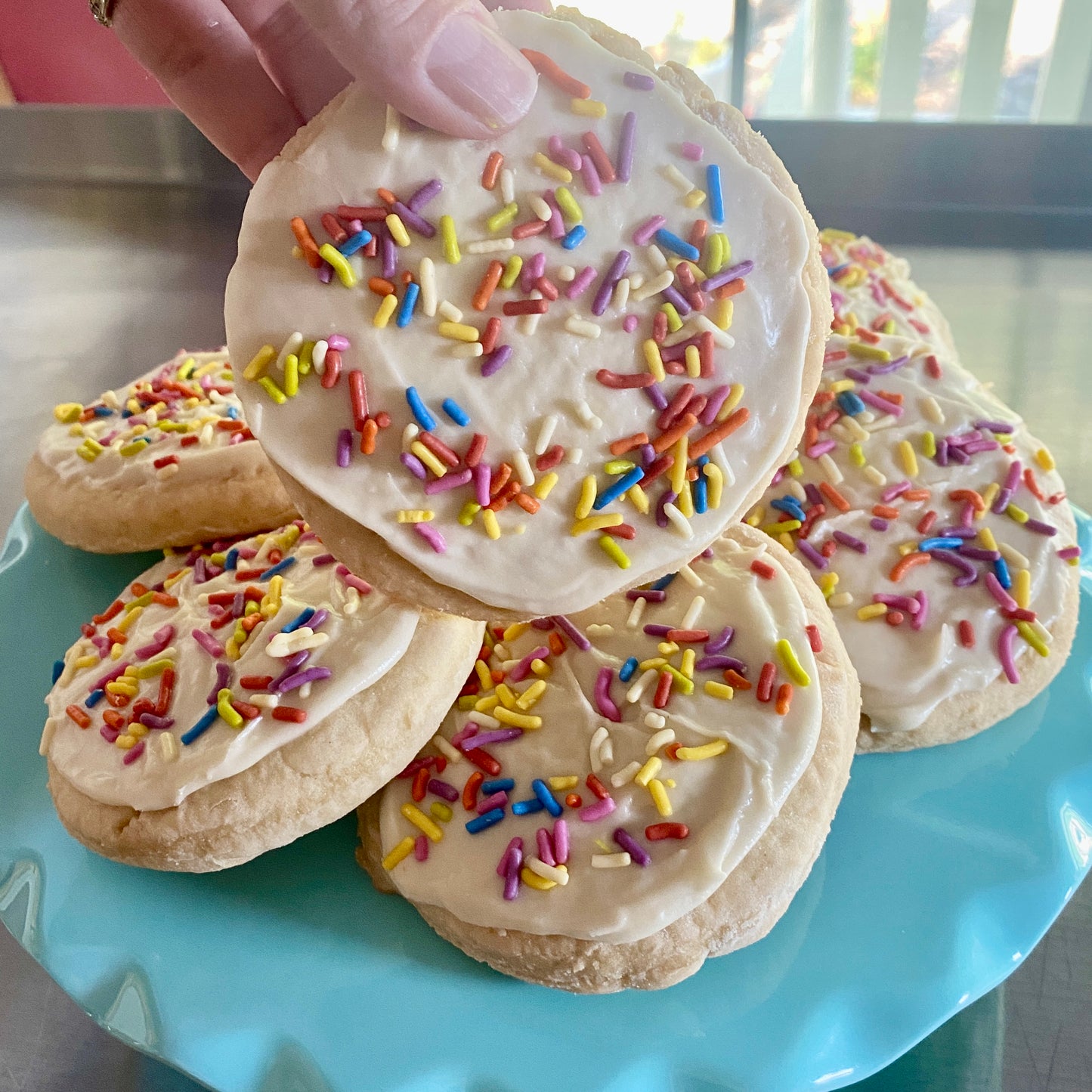 Frosted Party Cookies - Gluten-Free & Vegan Sugar Cookies with Frosting and Dye-Free Sprinkles