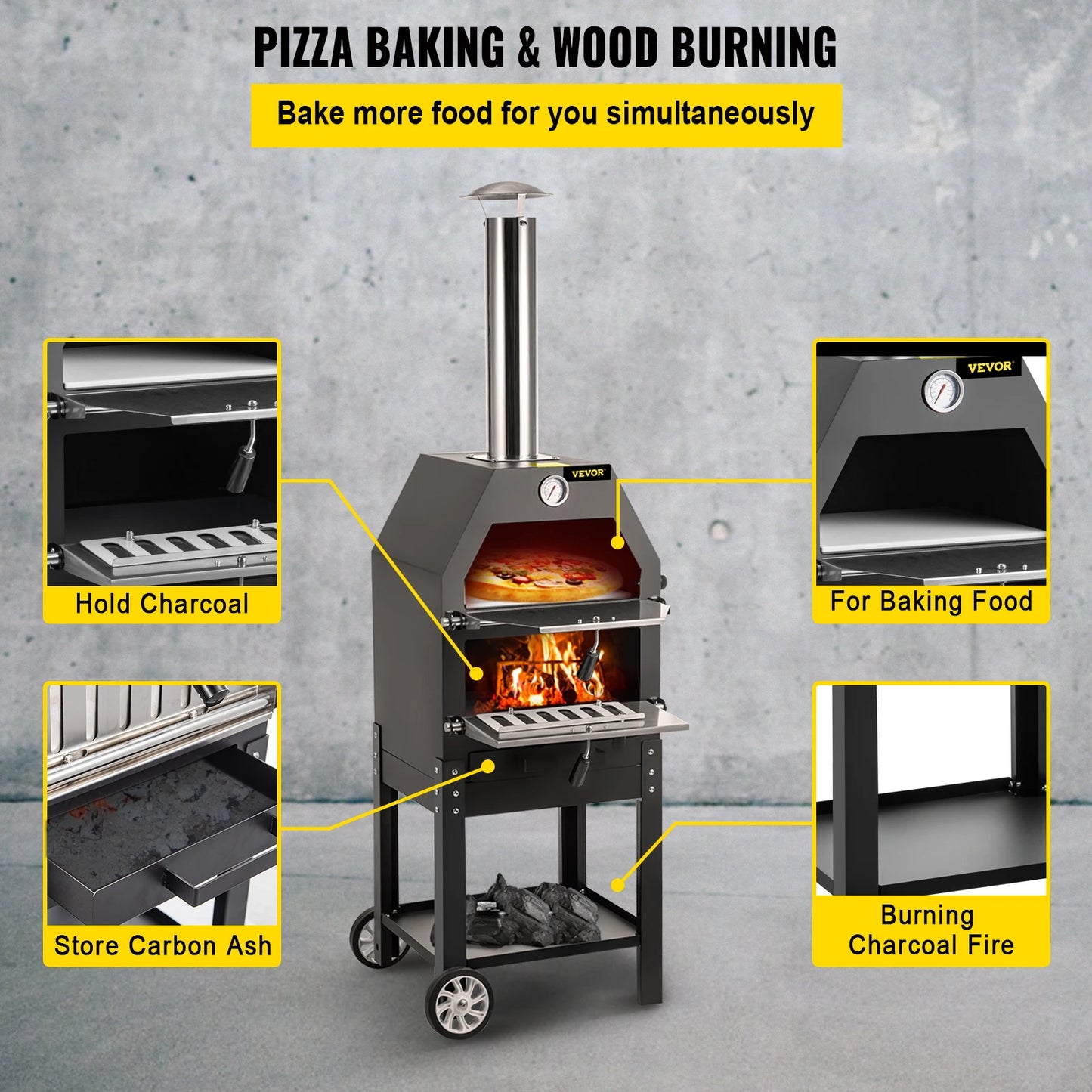 VEVOR 12" 2-Layer Pizza Wood Fire Oven with 2 Removable Wheels