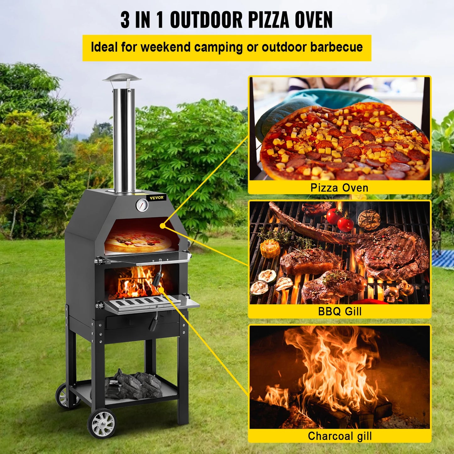 VEVOR 12" 2-Layer Pizza Wood Fire Oven with 2 Removable Wheels